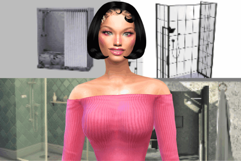 Porcelain-skinned female character with black hair in a pink off-shoulder top, digital art of modern bathroom upgrades, including sleek shower enclosures, enhancing home renovation ideas for modern bathrooms, Must Have Mods.