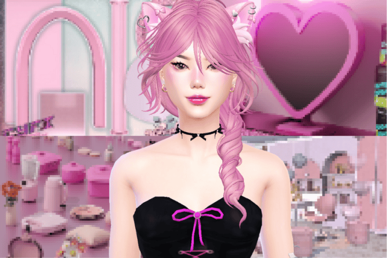 Pink-haired virtual avatar with heart-shaped background and kawaii fashion, showcasing Must Have Mods for Sims 4 gameplay and style customization.