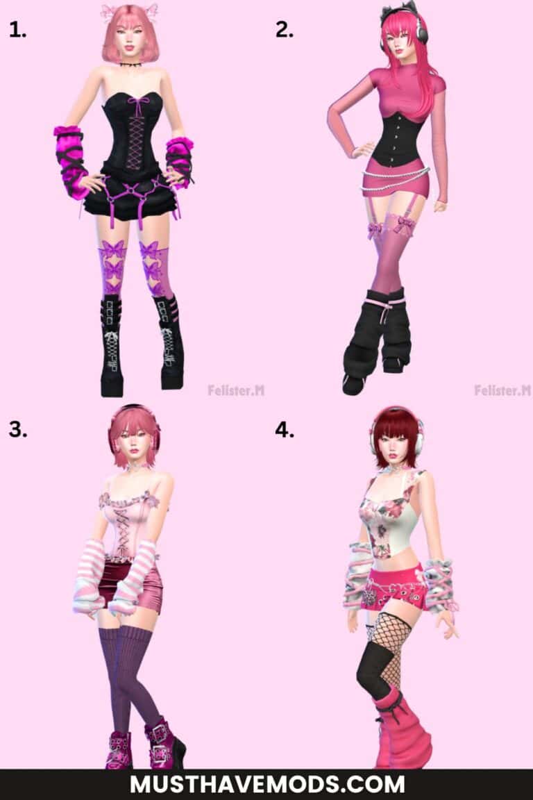 Vibrant pink and black anime-inspired character fashion with themed accessories, leggings, and footwear for Must Have Mods.