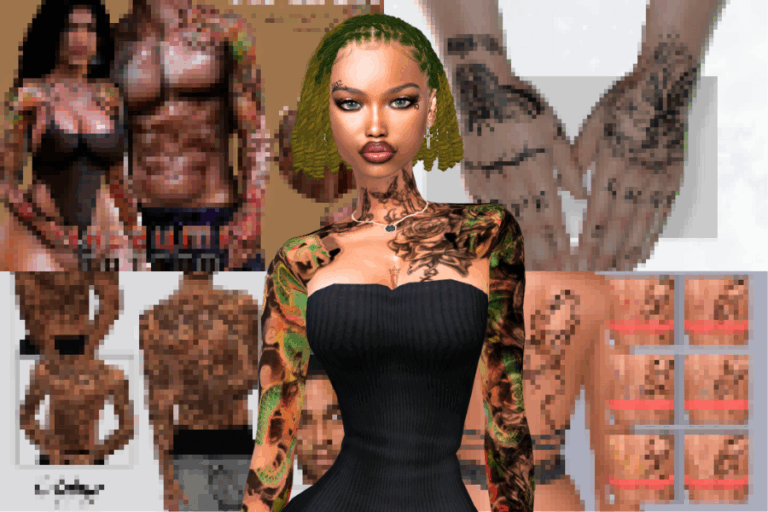 Daring woman with green braids and extensive tattoos wearing a black strapless dress posing confidently in front of a blurred collage background featuring tattoos and body art.