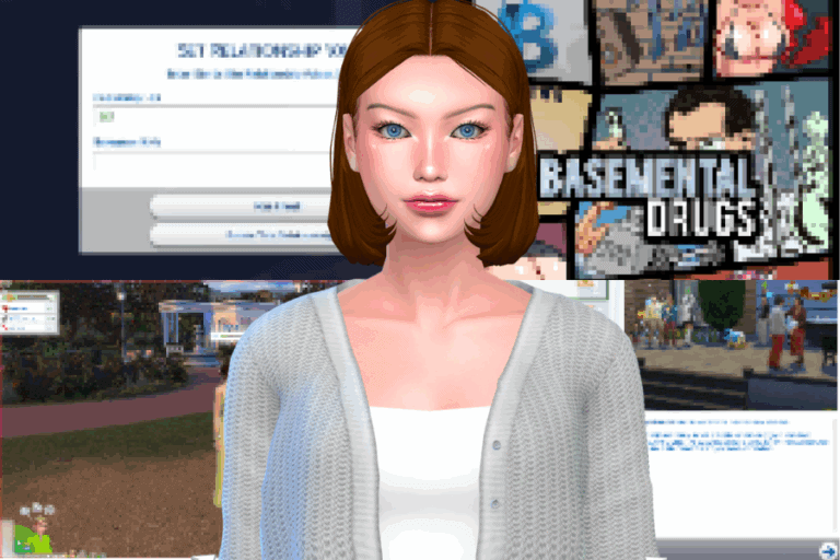 Custom female avatar in a virtual world focusing on mods and game customization, with a background featuring gameplay screenshots and pixel art related to mods.