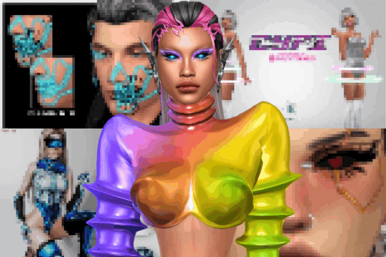 Lifelike digital 3D character with vibrant rainbow-colored outfit, detailed makeup and futuristic design, set against a backdrop of pixel art and gaming fan art, perfect for gaming, cosplay, and digital art enthusiasts.