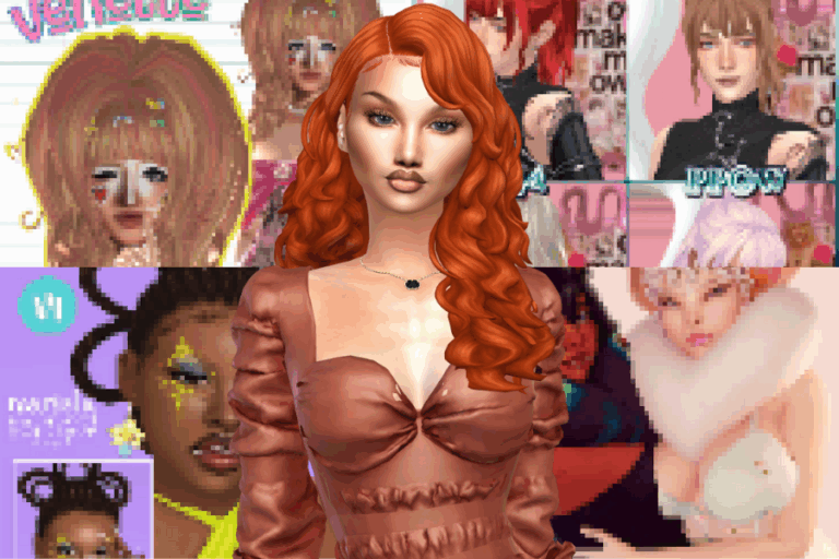 Redhead virtual avatar woman with long wavy hair, digital art, Must Have Mods fashion and avatar customization for The Sims 4 and Second Life, high-quality 3D model, vibrant colors and realistic details.
