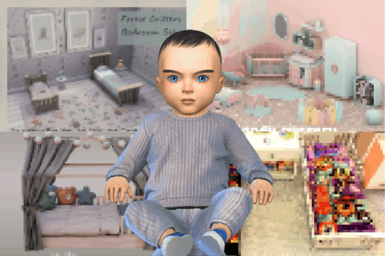 Fantasy baby doll in a virtual home interior with modern furniture and playful decor, highlighting must-have gaming mods for cozy bedroom and living room upgrades for simulation games.