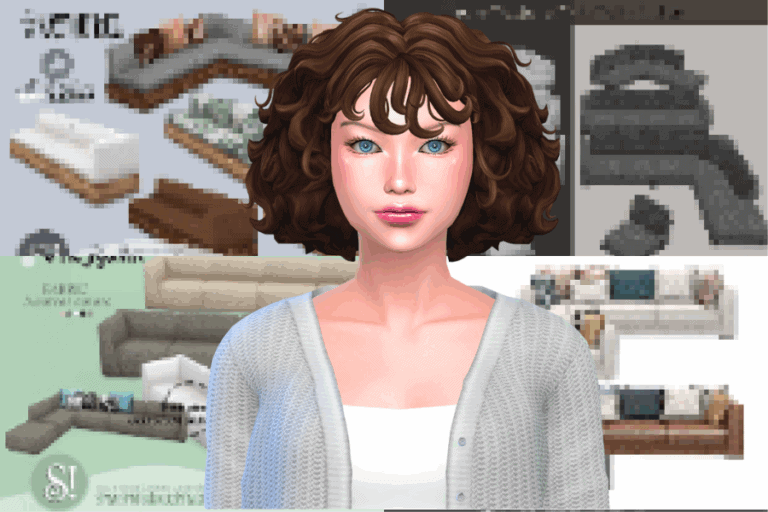 Modern virtual avatar of a woman with curly brown hair, set against a background of customizable home decor and furniture mods from Must Have Mods for Sims 4.