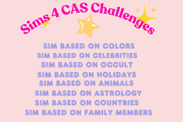 Sims 4 CAS Challenges graphic with colorful text and star decor, showcasing themed character creation challenges for The Sims 4 game.