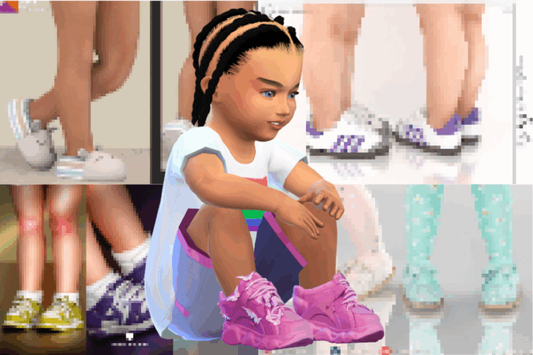 Brightly colored custom sneakers for toddler and kids characters in The Sims 4, showcasing creative modded footwear options for children.