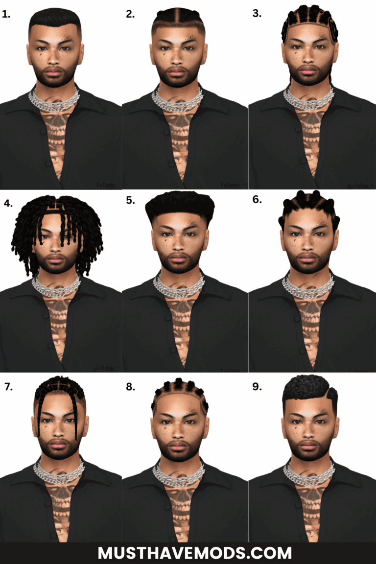 Different hairstyles and hair modifications for men showing various dreadlocks, braids, fade cuts, and textured styles with accessories for custom grooming looks.