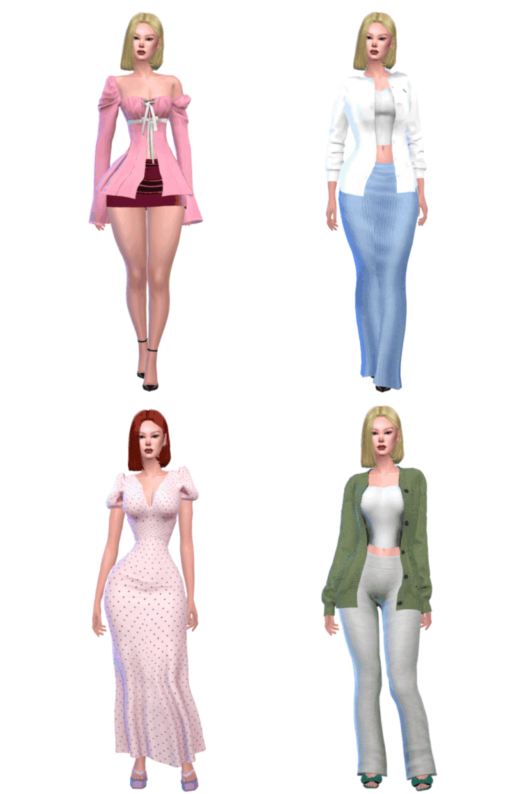 Pink off-shoulder dress with ruffle details and footwear, casual and fashionable style for The Sims, must-have mods for stylish Sims wardrobe.