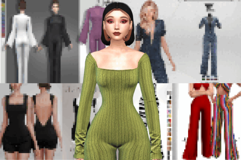 Green ribbed long sleeve jumpsuit fashion digital avatar for The Sims 4, trendy virtual clothing, custom Sims outfit, Must Have Mods style enhancement, virtual fashion for Sims characters.