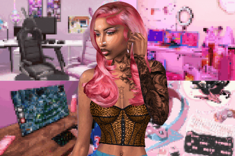 Pink-haired woman with tattoos in a vibrant gaming and streaming setup featuring pixel art and gaming equipment, showcasing popular must-have mods for gaming and content creation enthusiasts.
