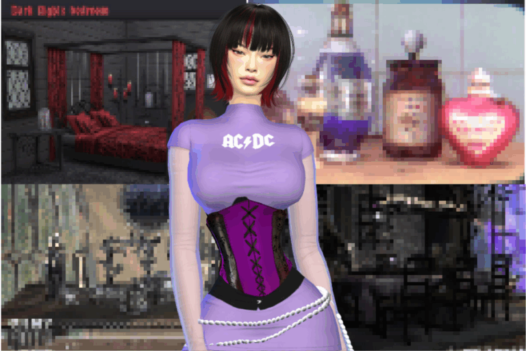 AC/DC graphic on stylish purple crop top with alternative fashion corset and accessories for original game mod design.