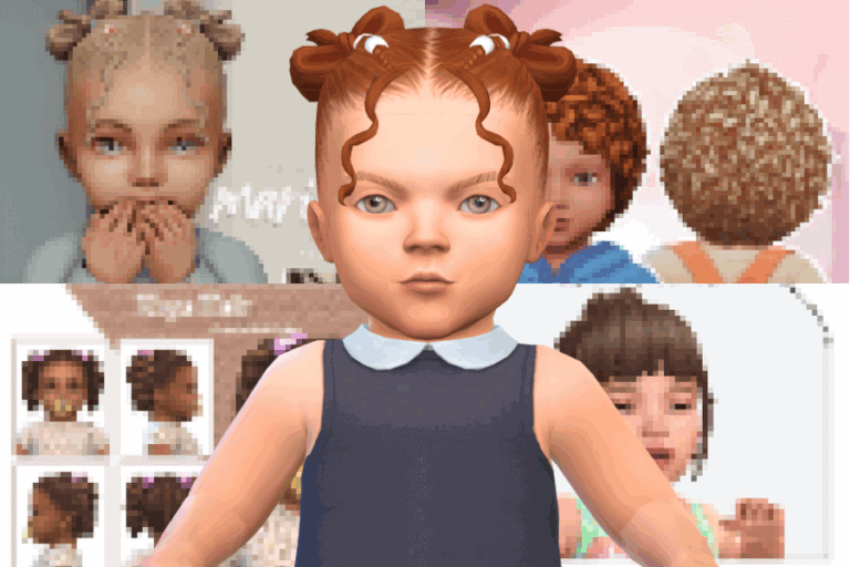 Cute digital girl avatar with braided hair, wearing a navy dress with a white collar, surrounded by other virtual kids, showcasing customizable characters in Must Have Mods game.