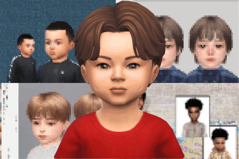 Cute animated child avatar with brown hair and red shirt, surrounded by various digital images of children and avatars, emphasizing digital avatar creation and customization.