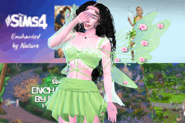Enhanced Fairy Queen Sim character with custom wings, dress, and accessories for Sims 4 gameplay, perfect for fantasy-themed mods from Must Have Mods.