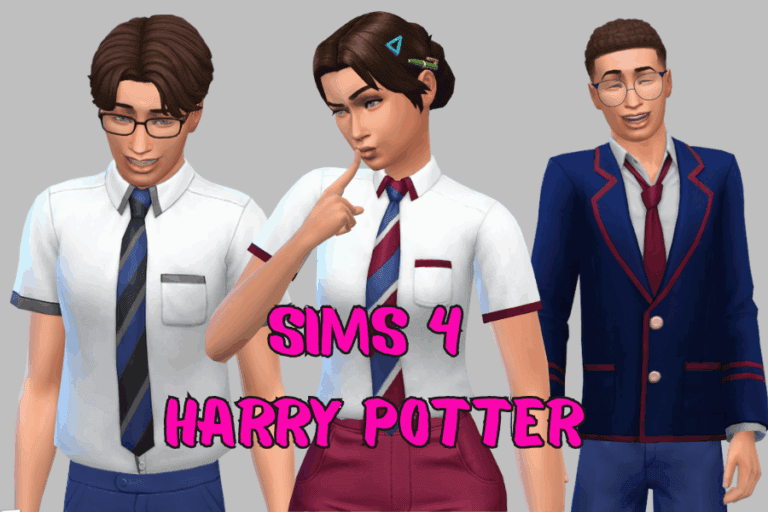 Teenage male and female sims wearing school uniforms, themed for Harry Potter, in 3D render style.