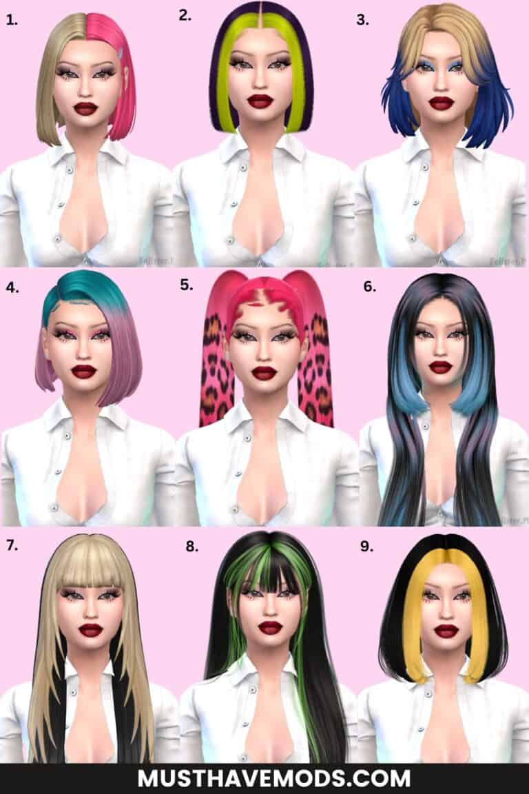 Blonde and pink bob hairstyle with hair clips, digital character fashion hairstyle mod for Sims 4, vibrant hair color customization, colorful hair mods for unique Sims looks.