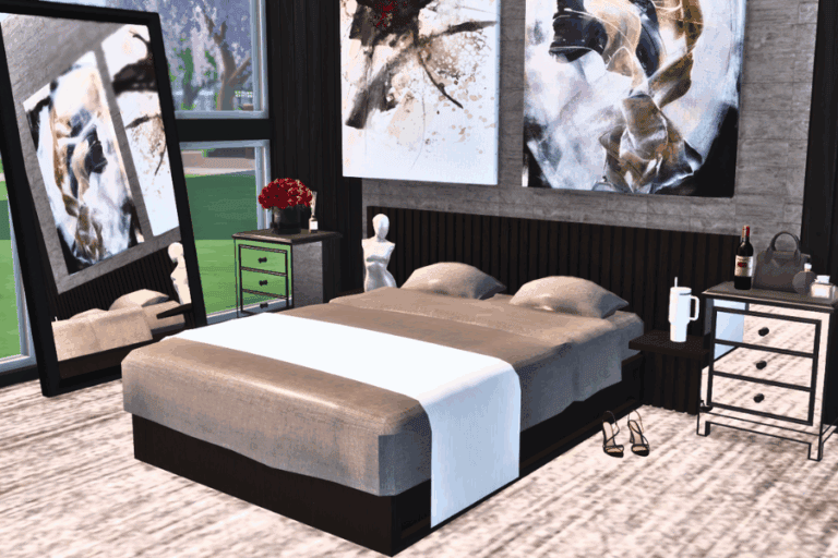 Elegant modern bedroom featuring abstract wall art, a stylish bed with neutral bedding, and matching nightstands with decorative items for a cozy and sophisticated ambiance.