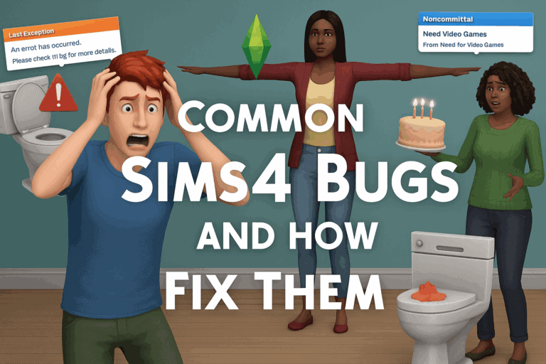 Plumber is stressed over a broken toilet with a warning sign, woman holds birthday cake, and another woman looks worried, illustrating common Sims 4 bugs and how to fix them for better gameplay.