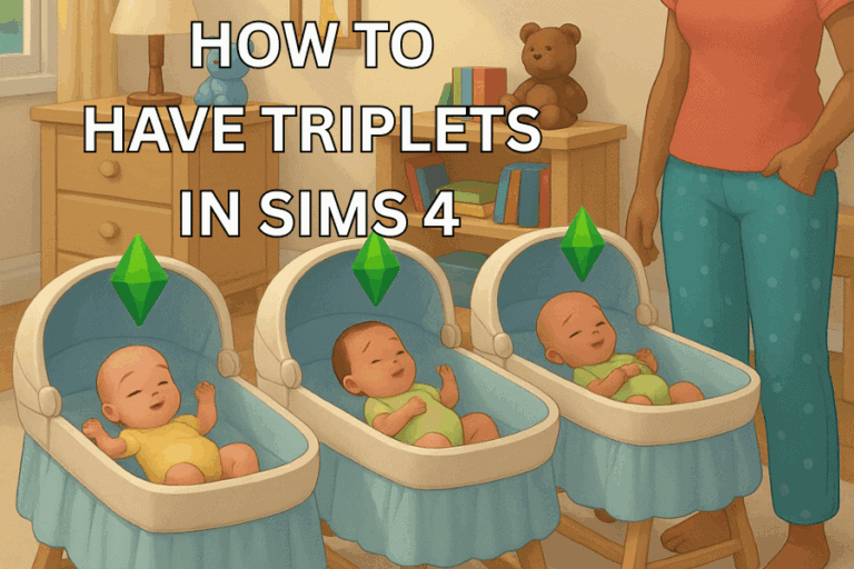 Baby triplets in cribs with green plumbobs, home interior background.