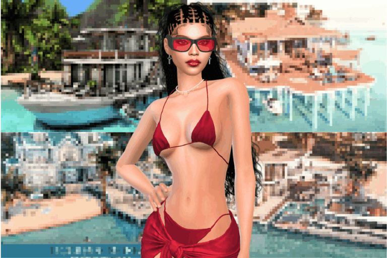 Swimsuit fashion photo featuring a model in a red bikini with sunglasses against a tropical resort background with boats and water.
