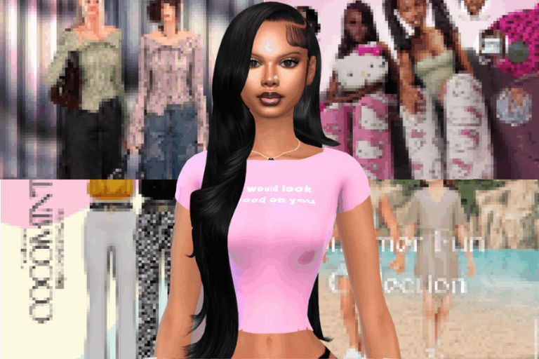 Long black hair with side-swept bangs and flawless makeup, stylish pink t-shirt with "would look good on you" text, virtual fashion avatar from Must Have Mods, digital avatar, fashionable and trendy style for gaming and social media.