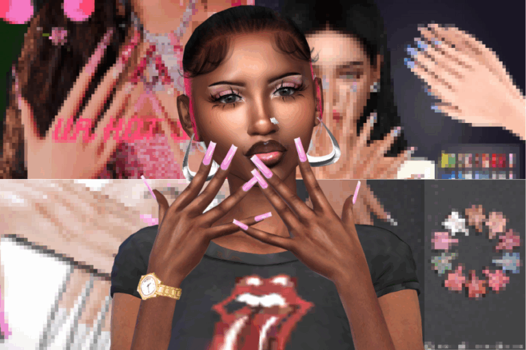 Black woman with pink acrylic nails and silver hoop earrings, showcasing digital makeup and fashion accessories in a vibrant, pixelated art style.