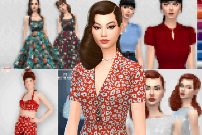 Model showcasing custom virtual fashion and clothing mods for avatars on Must Have Mods platform.