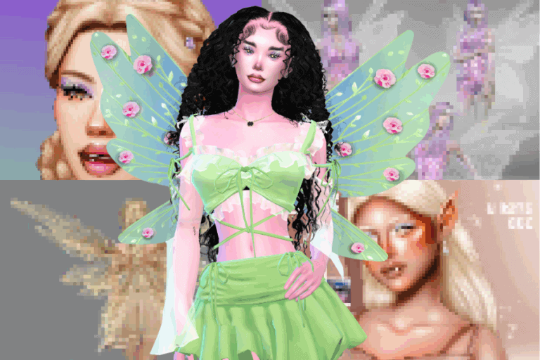 Fairy girl with glowing wings, black curly hair, pastel green outfit, digital art, fantasy character, must have mods style, vibrant colors, whimsical, fantasy costume, virtual avatar.