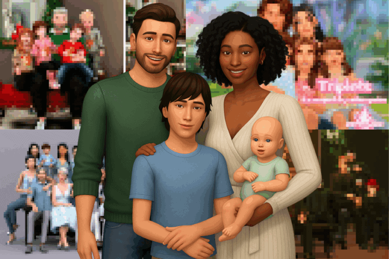 Customizable-family-mad-sims-4-mods, diverse family with children and baby in a virtual home setting, highlighting popular mods for The Sims 4 game, with realistic character customization for enhanced gameplay experience.