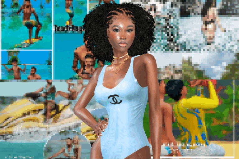 Luxury swimwear fashion model wearing Chanel bodysuit outdoor pool water activities summer trendy fashion statement stylish swimsuit fit healthy lifestyle high-end swimwear collection women summer fashion.