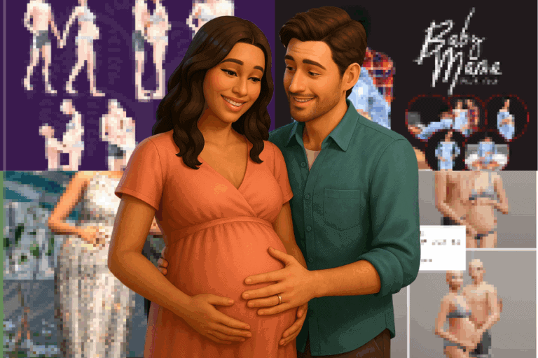 Pregnant woman with partner, digital art illustration showcasing custom mods for Sims 4, promoting Must Have Mods for enhanced gameplay and character customization.