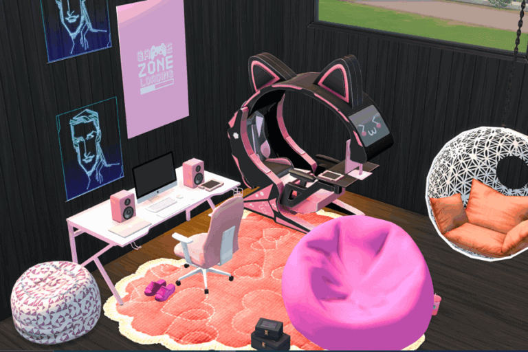 Modern gaming room setup featuring a high-tech gaming chair with cat ears, pink bean bag, neon wall art, and gaming accessories, perfect for avid gamers and streamers.