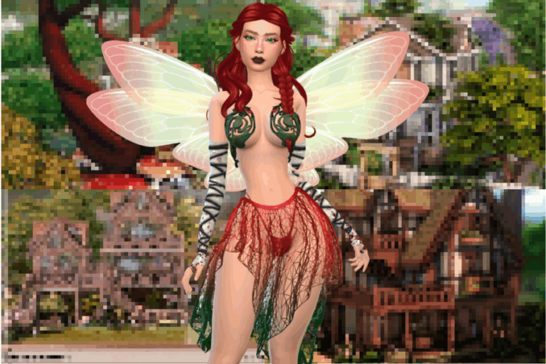 Enchantress fairy character with vibrant red hair, glowing fairy wings, and intricate fantasy costume in a lush, detailed virtual environment, emphasizing fantasy mod aesthetics.
