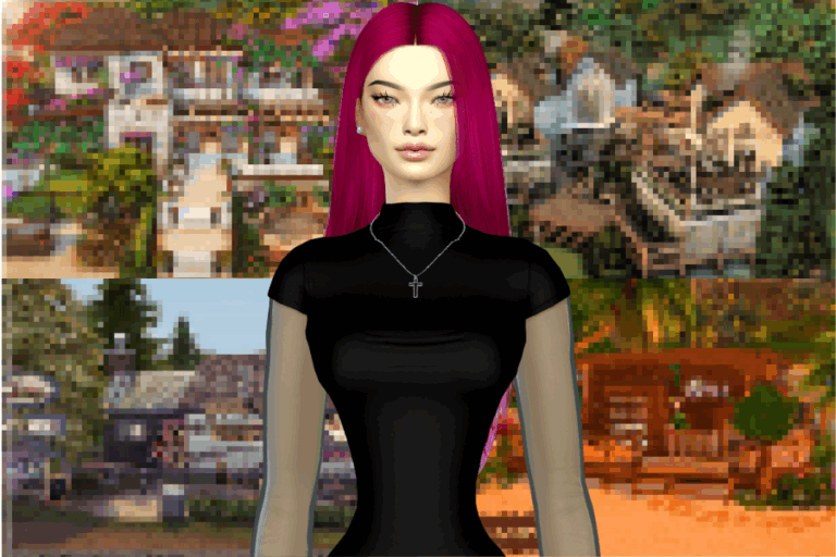 Minecraft custom character with vibrant pink hair and fashionable black outfit, set against a pixelated suburban neighborhood background, showcasing Must Have Mods for enhanced gameplay and visual customization.