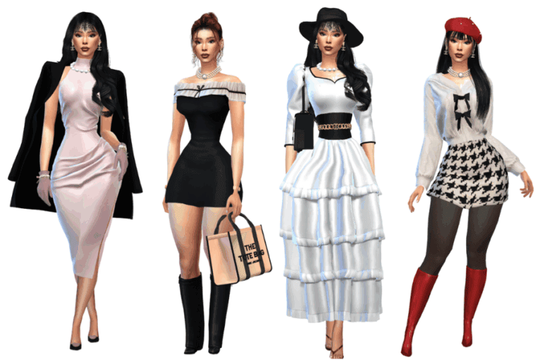 Elegant women fashion outfits featuring stylish dresses and accessories for virtual avatars, perfect for enhancing your Sims or gaming characters with trendy mod clothing options.