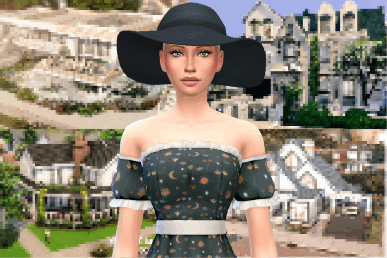 NYC outdoor scene with a woman in a celestial-themed dress and wide-brimmed hat, showcasing virtual fashion mods on The Sims 4 for enhanced gameplay aesthetics.