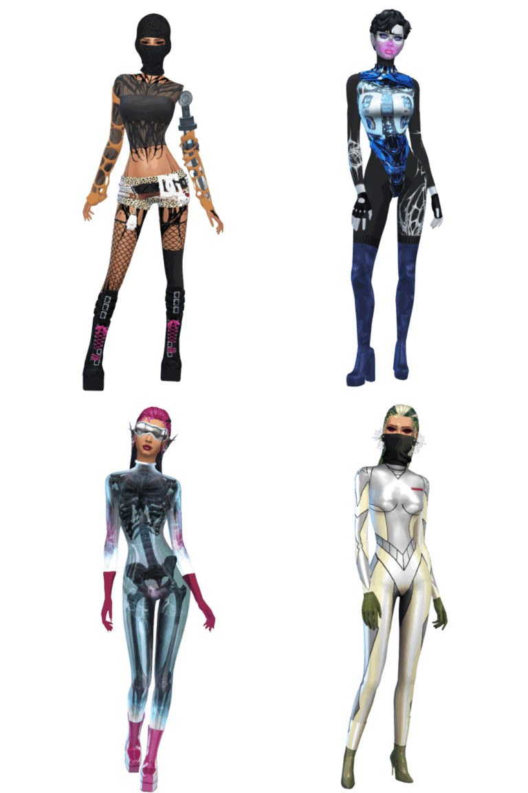 Pastiche cyberpunk fashion outfits with futuristic elements and bold designs for The Sims 4.