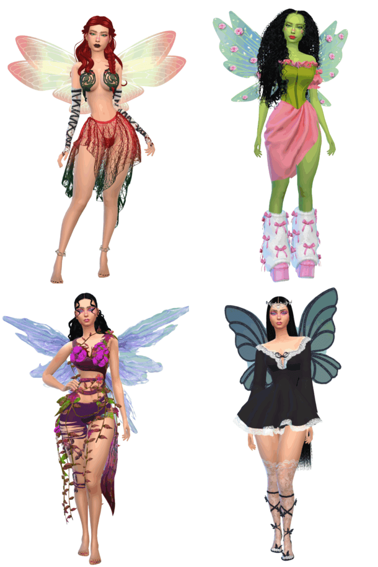 Fairy fantasy characters with vibrant wings and detailed costumes from Must Have Mods for The Sims.