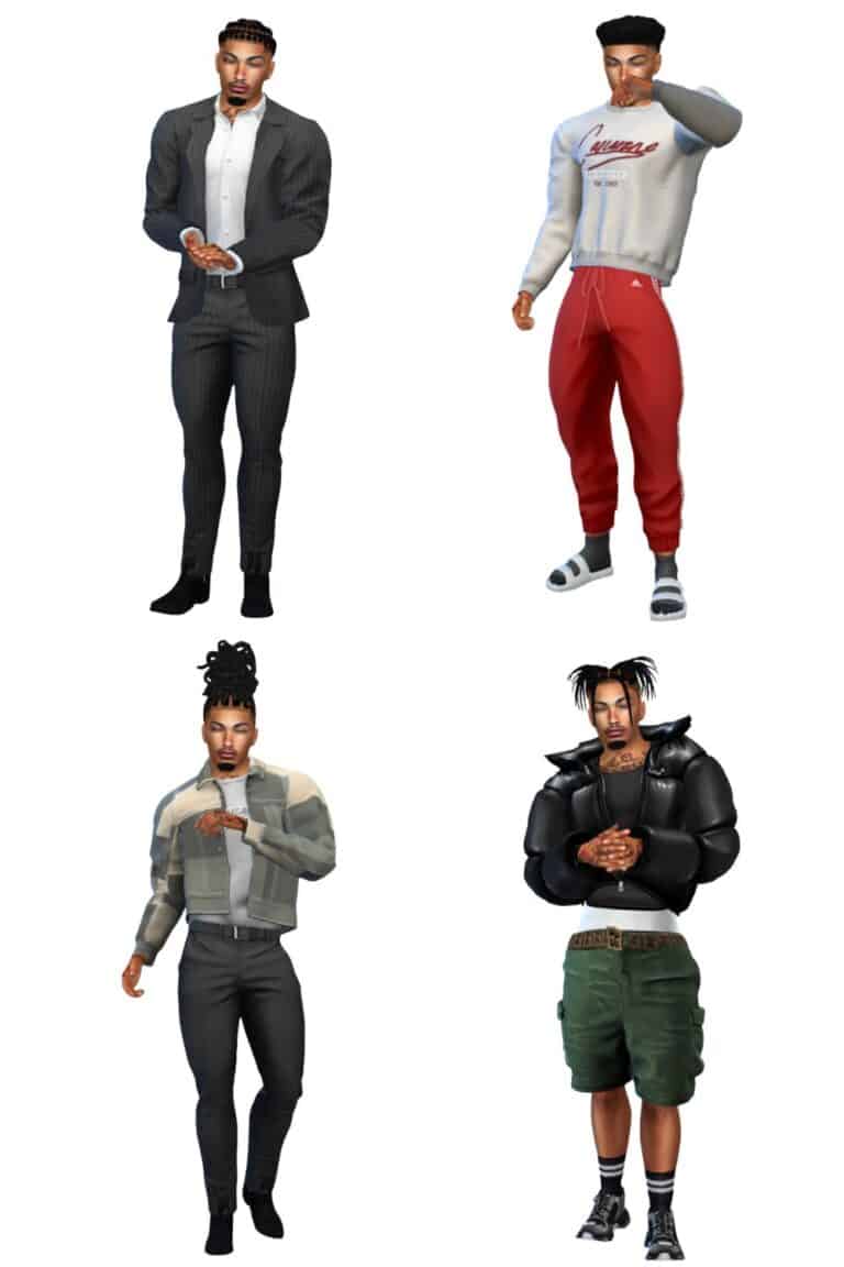 Stylish male avatars showcasing modern streetwear, casual sportswear, and formal-inspired looks for gaming or virtual environments on a fashion-focused platform.