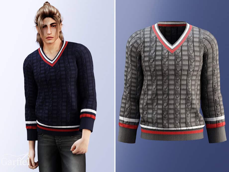 Adult Varsity Striped V-Neck Cable Sweater