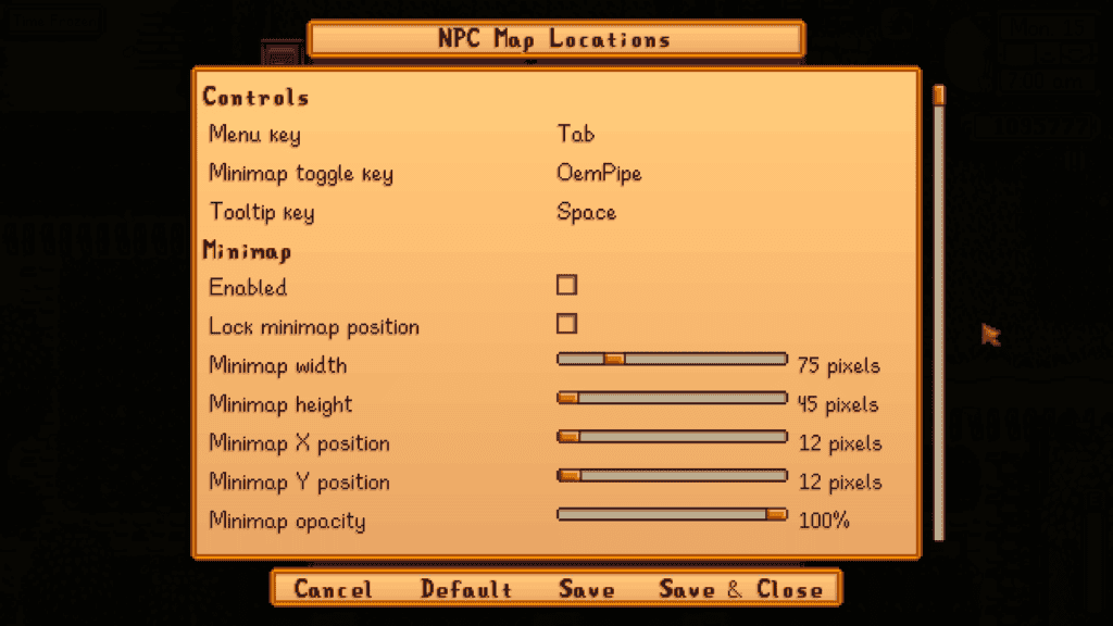 the NPC character location menu in live mode