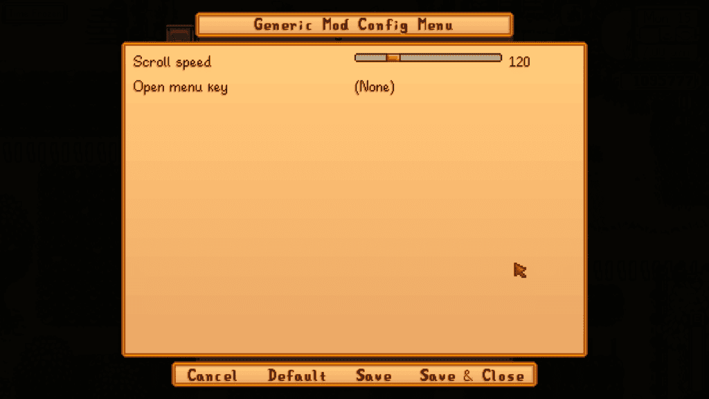 the generic mod configuration menu in live mode