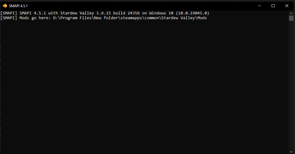 A black screen showing SMAPI loading on PC